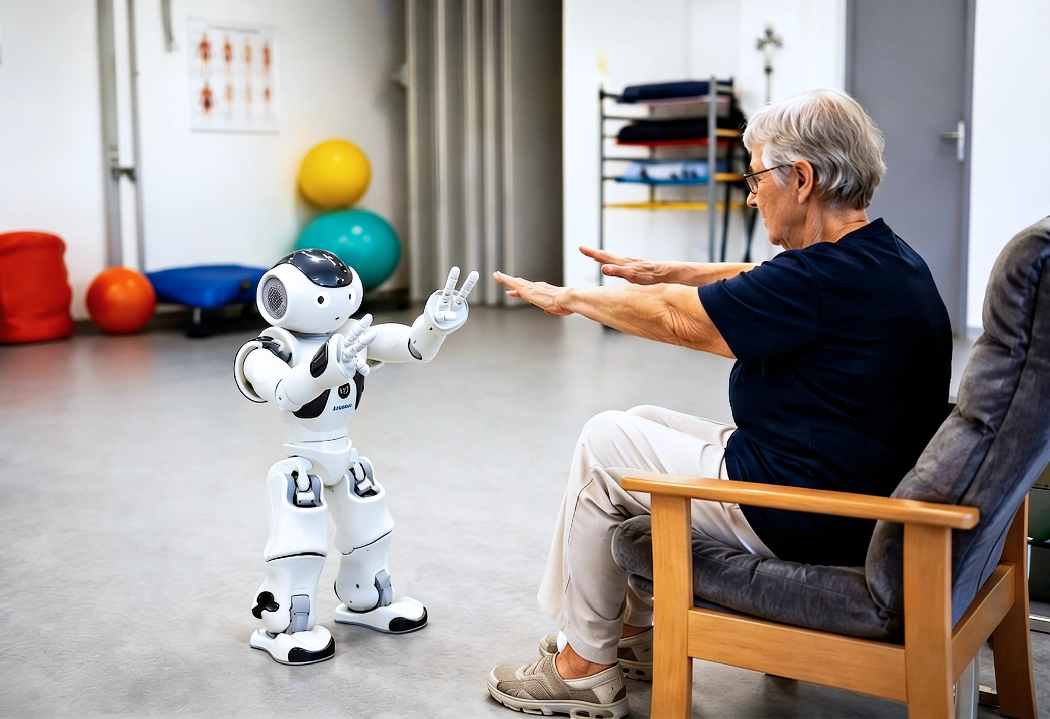 Senior cvičí se sociálním robotem v rehabilitační místnosti